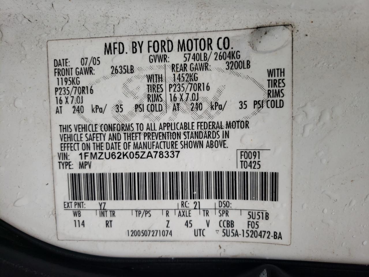 Photo 10 from auction – 2005 FORD EXPLORER X with VIN 1FMZU62K05ZA78337