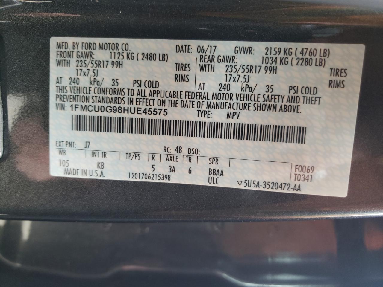 Photo 10 from auction – 2017 FORD ESCAPE SE with VIN 1FMCU0G98HUE45575
