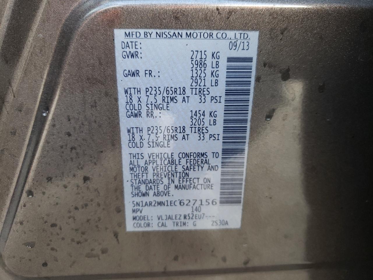 Photo 10 from auction – 2014 NISSAN PATHFINDER with VIN 5N1AR2MN1EC627156