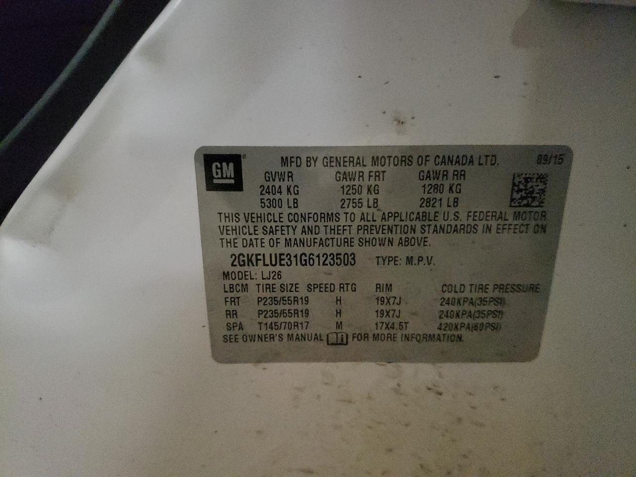 Photo 10 from auction – 2016 GMC TERRAIN SL with VIN 2GKFLUE31G6123503