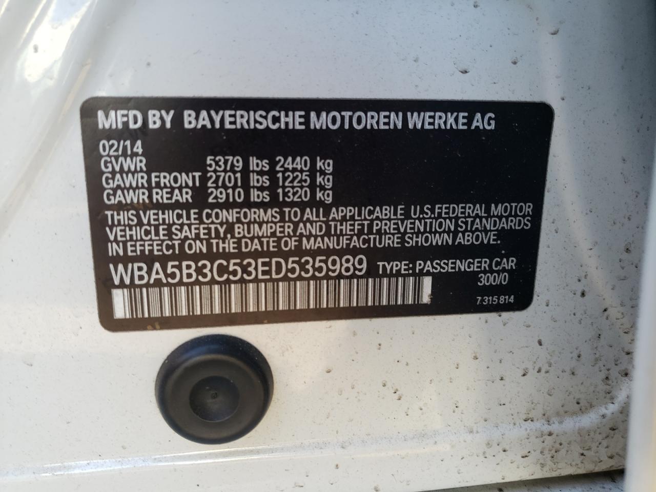 Photo 10 from auction – 2014 BMW 535 XI with VIN WBA5B3C53ED535989