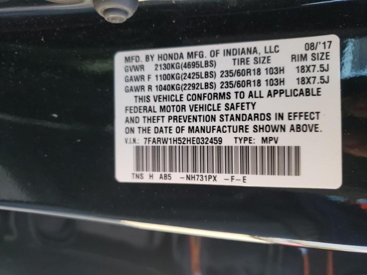 Photo 10 from auction – 2017 HONDA CR-V EX with VIN 7FARW1H52HE032459