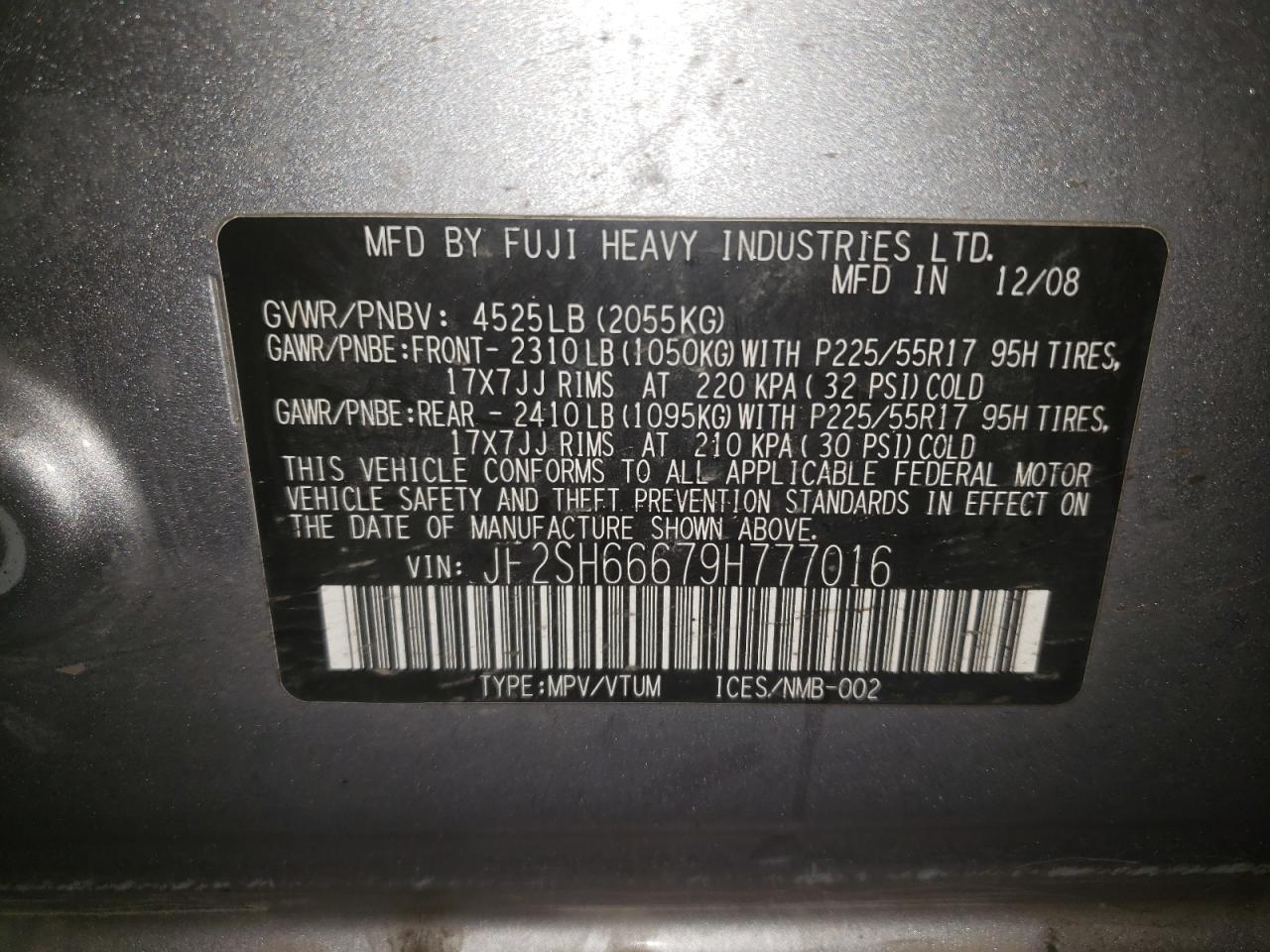 Photo 10 from auction – 2009 SUBARU FORESTER X with VIN JF2SH66679H777016