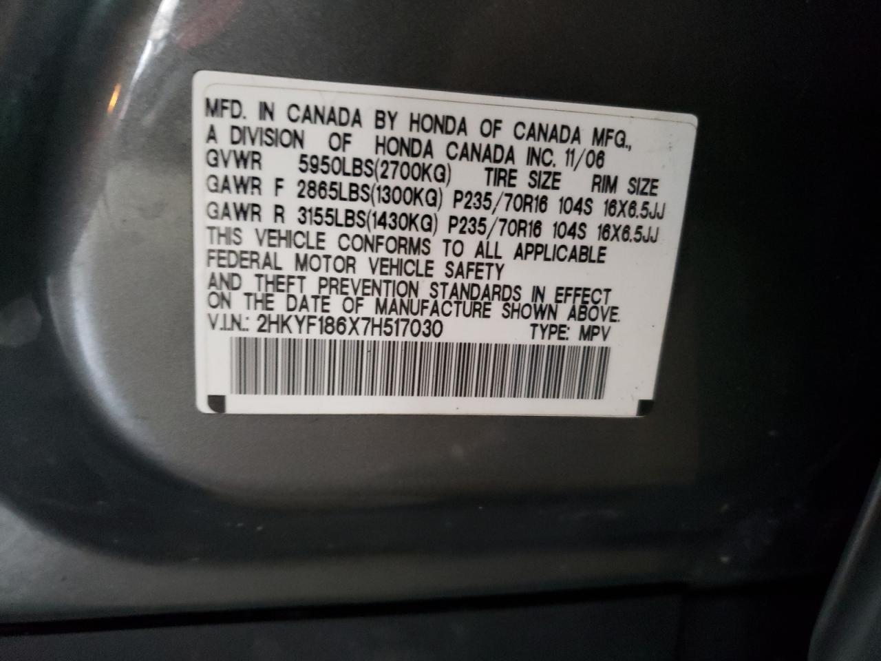 Photo 10 from auction – 2007 HONDA PILOT EXL with VIN 2HKYF186X7H517030