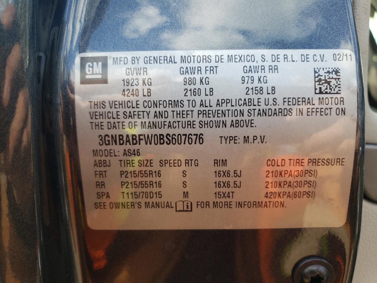 Photo 10 from auction – 2011 CHEVROLET HHR LT with VIN 3GNBABFW0BS607676