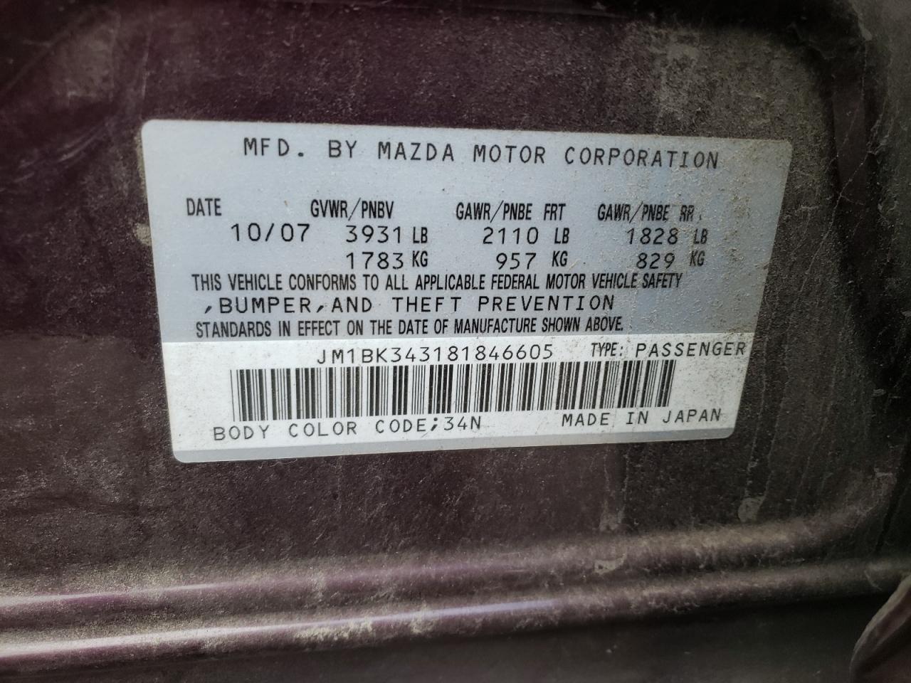 Photo 10 from auction – 2008 MAZDA 3 HATCHBAC with VIN JM1BK343181846605