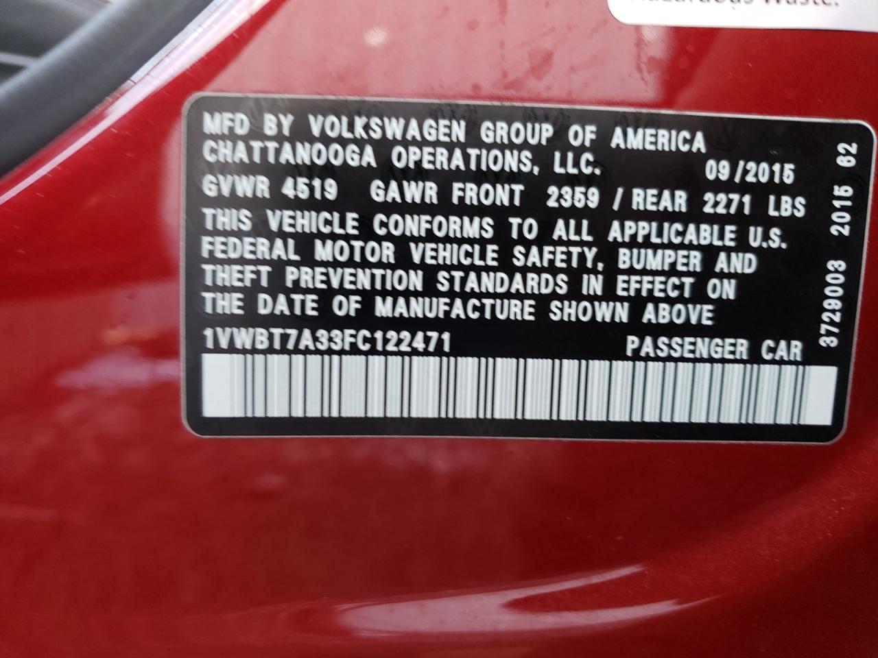 Photo 10 from auction – 2015 VOLKSWAGEN PASSAT SE with VIN 1VWBT7A33FC122471