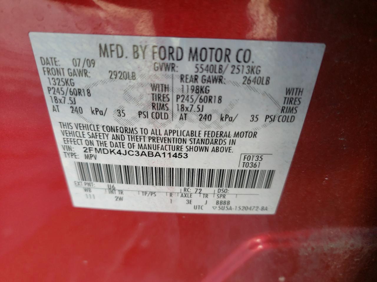 Photo 10 from auction – 2010 FORD EDGE SEL with VIN 2FMDK4JC3ABA11453
