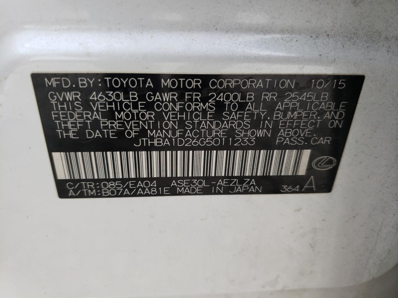 Photo 10 from auction – 2016 LEXUS IS 200T with VIN JTHBA1D26G5011233