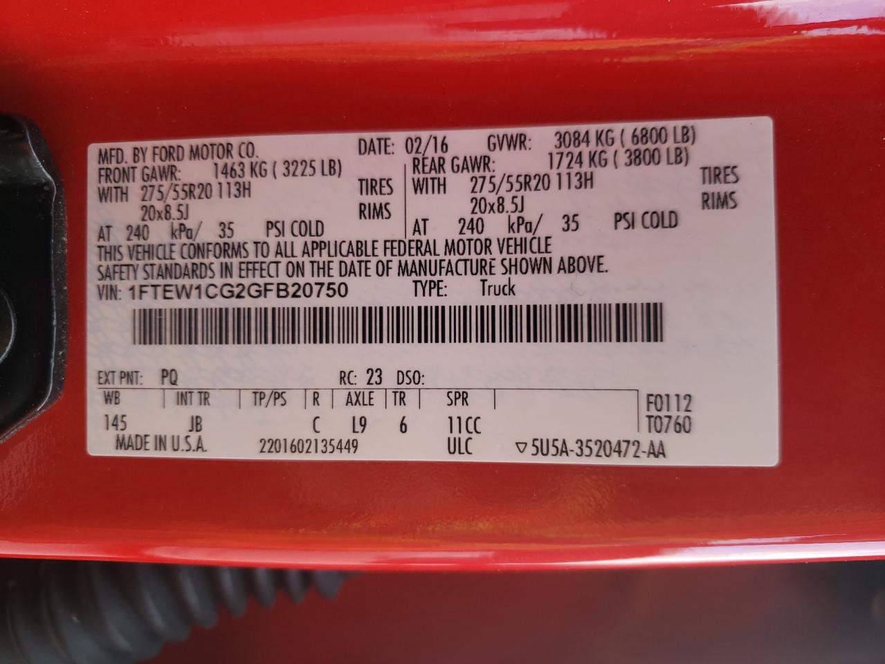 Photo 10 from auction – 2016 FORD F150 SUPER with VIN 1FTEW1CG2GFB20750