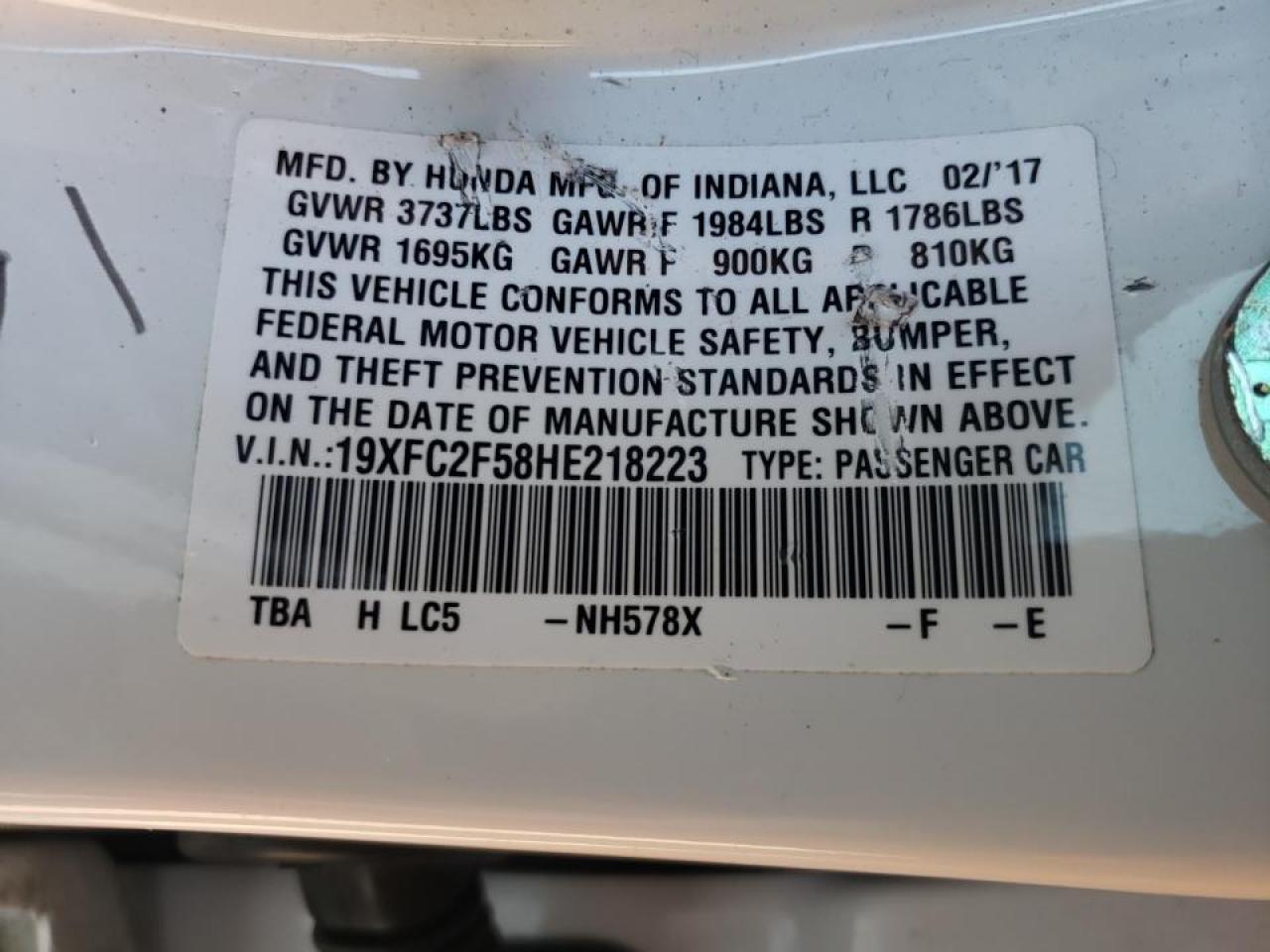 Photo 10 from auction – 2017 HONDA CIVIC LX with VIN 19XFC2F58HE218223