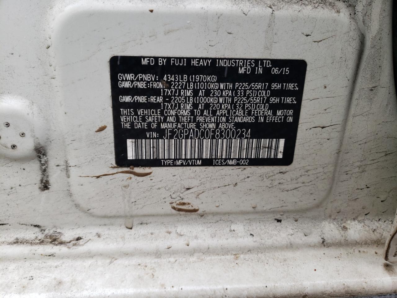 Photo 10 from auction – 2015 SUBARU XV CROSSTR with VIN JF2GPADC0F8300234