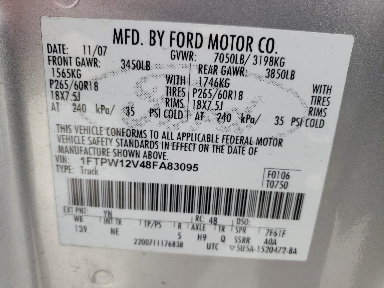 Photo 10 from auction – 2008 FORD F150 SUPER with VIN 1FTPW12V48FA83095