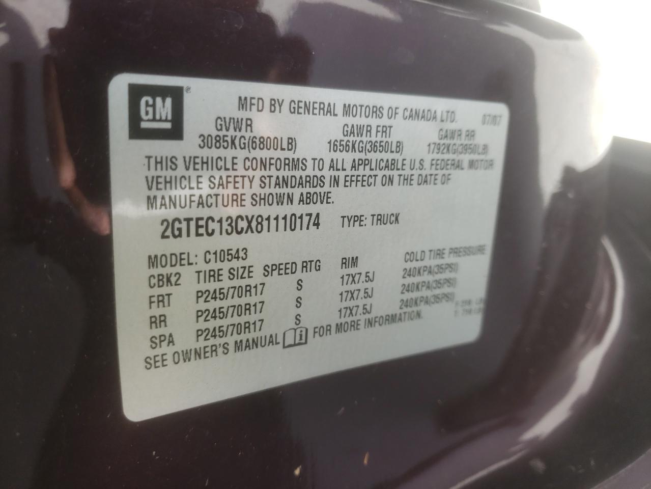 Photo 10 from auction – 2008 GMC SIERRA C15 with VIN 2GTEC13CX81110174