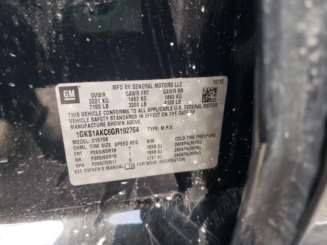 Photo 10 from auction – 2016 GMC YUKON SLE with VIN 1GKS1AKC6GR192764