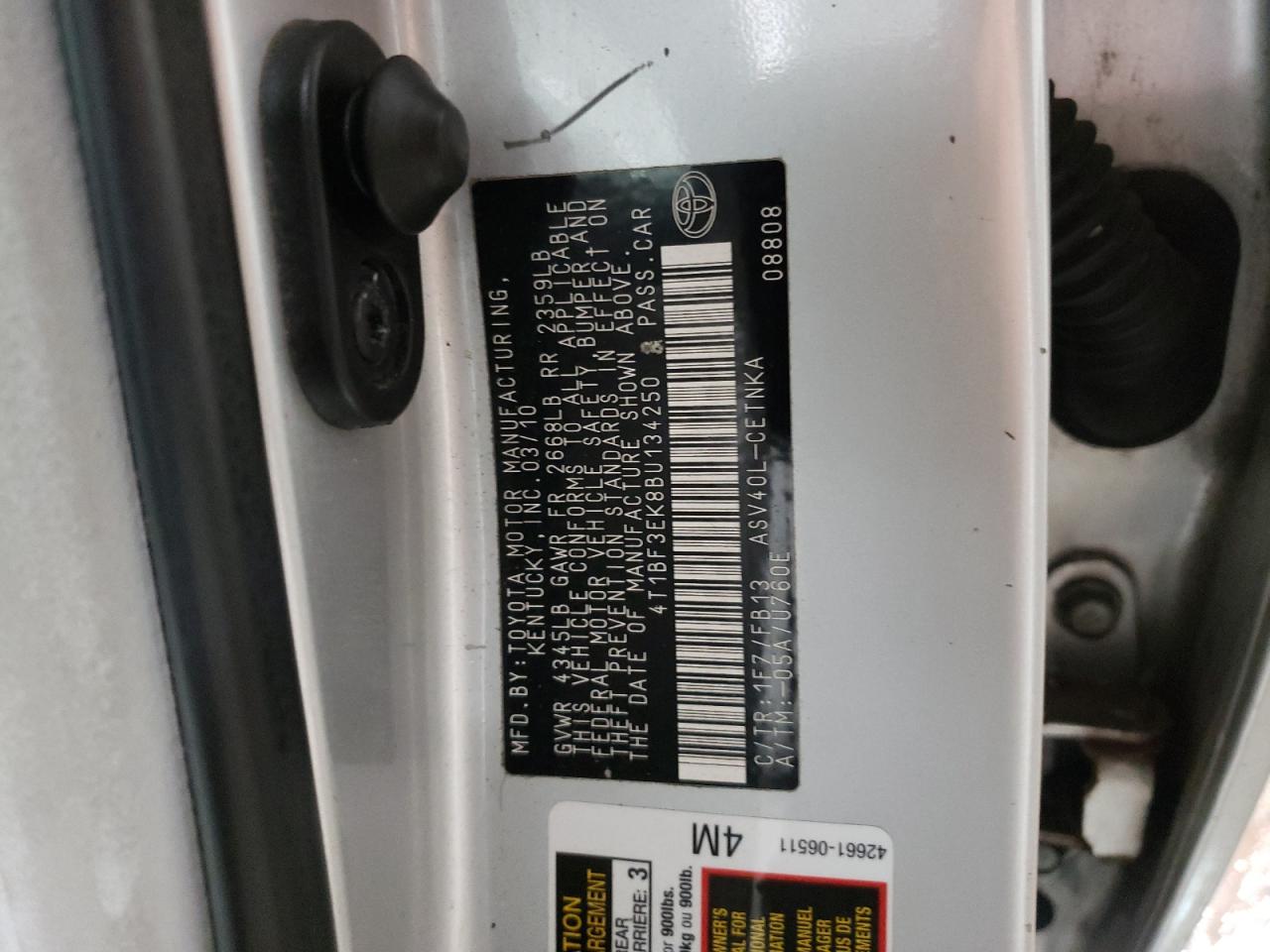 Photo 10 from auction – 2011 TOYOTA CAMRY BASE with VIN 4T1BF3EK8BU134250