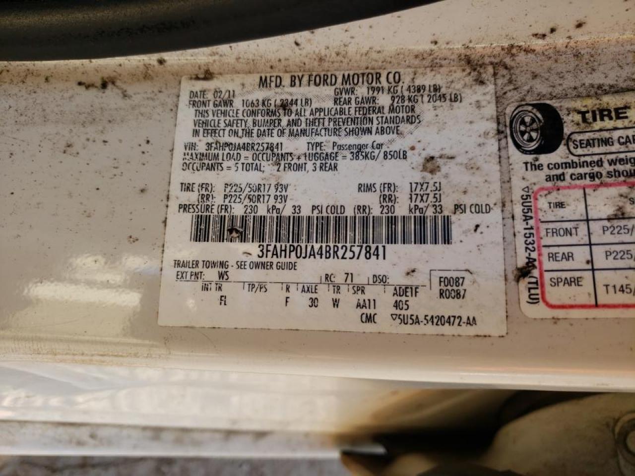 Photo 10 from auction – 2011 FORD FUSION SEL with VIN 3FAHP0JA4BR257841