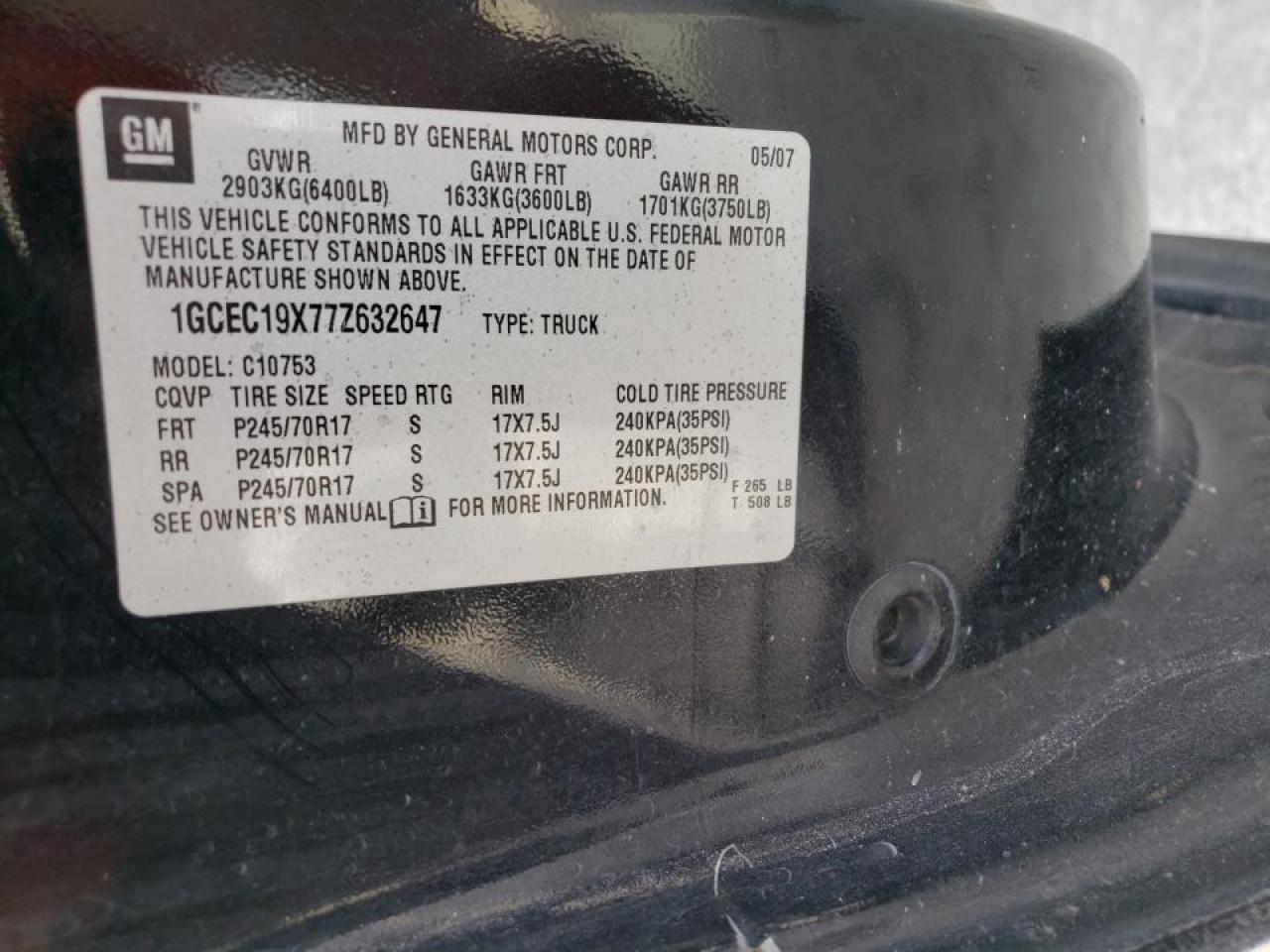 Photo 10 from auction – 2007 CHEVROLET SILVERADO with VIN 1GCEC19X77Z632647