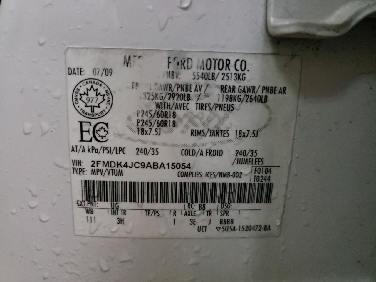 Photo 10 from auction – 2010 FORD EDGE SEL with VIN 2FMDK4JC9ABA15054