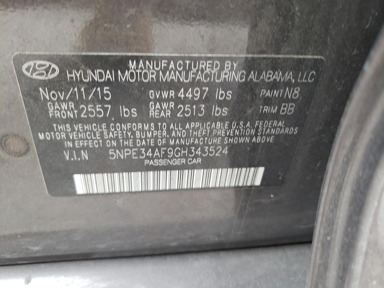 Photo 10 from auction – 2016 HYUNDAI SONATA SPO with VIN 5NPE34AF9GH343524