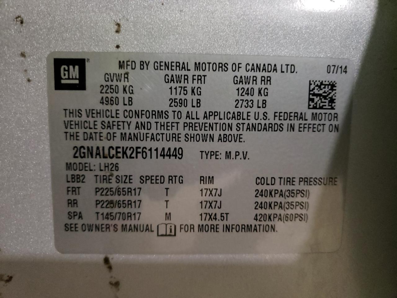 Photo 10 from auction – 2015 CHEVROLET EQUINOX LT with VIN 2GNALCEK2F6114449