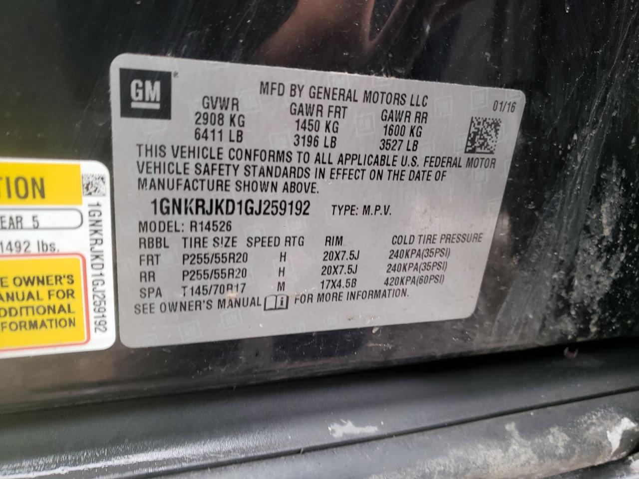 Photo 10 from auction – 2016 CHEVROLET TRAVERSE L with VIN 1GNKRJKD1GJ259192