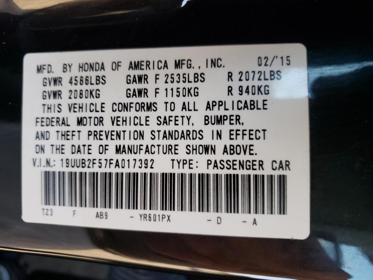 Photo 10 from auction – 2015 ACURA TLX TECH with VIN 19UUB2F57FA017392