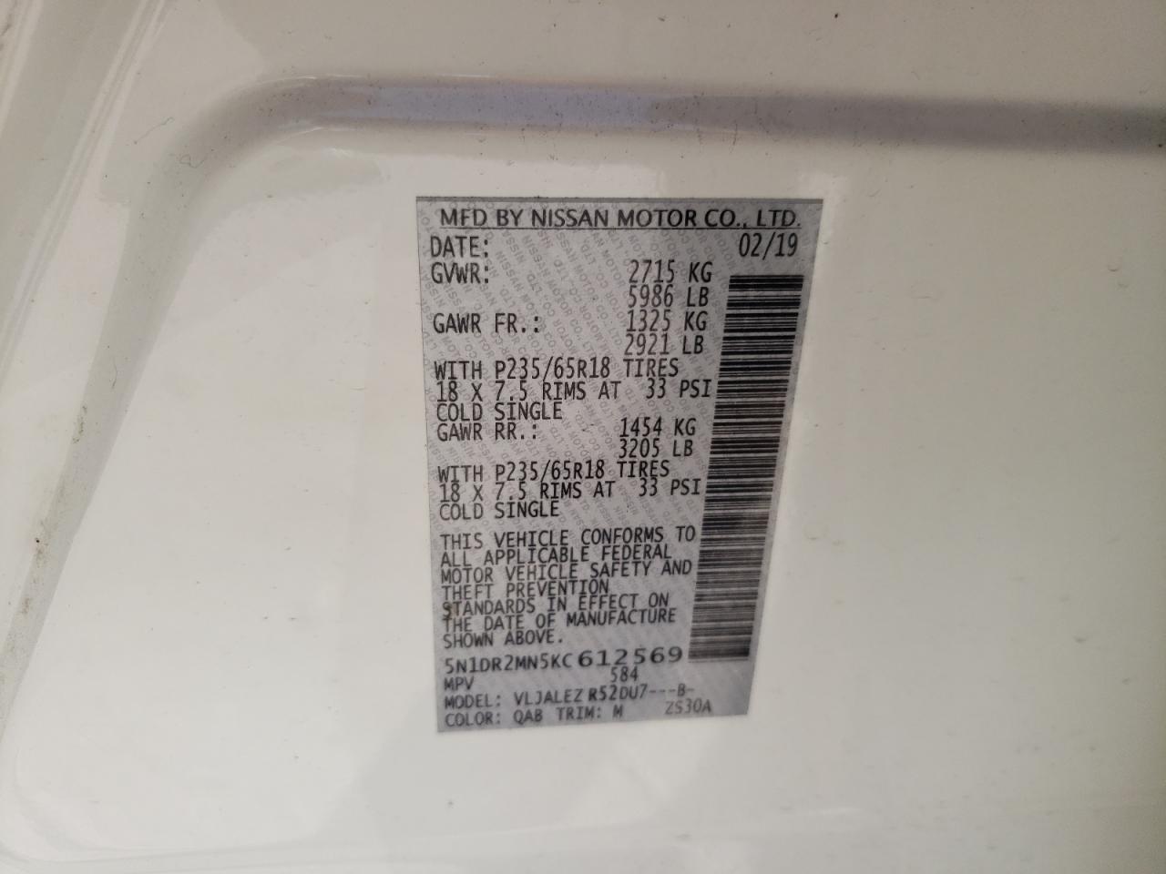 Photo 10 from auction – 2019 NISSAN PATHFINDER with VIN 5N1DR2MN5KC612569
