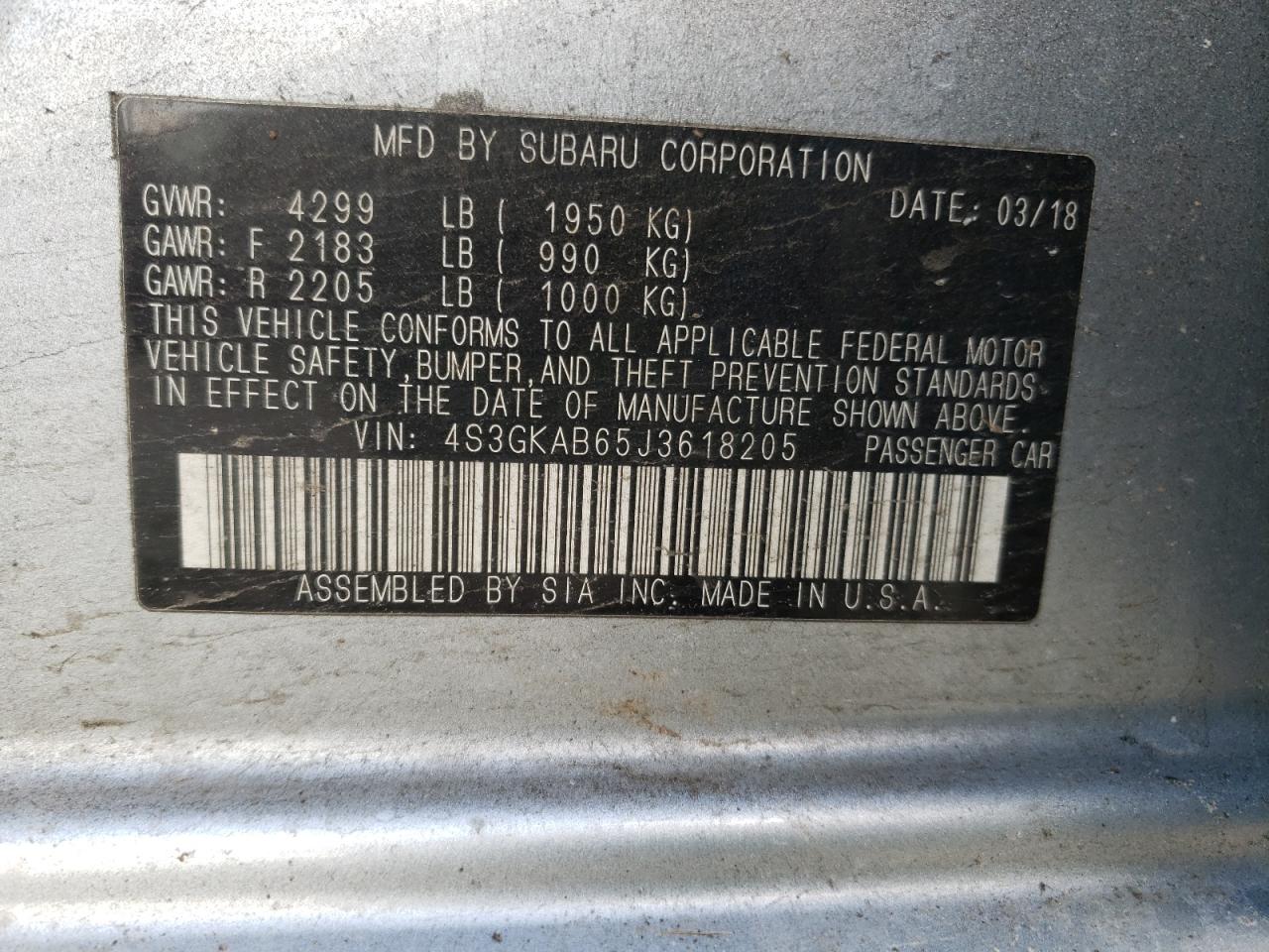 Photo 10 from auction – 2018 SUBARU IMPREZA PR with VIN 4S3GKAB65J3618205