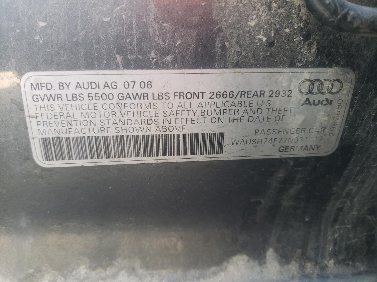 Photo 10 from auction – 2007 AUDI A6 S-LINE with VIN WAUSH74F77N031717