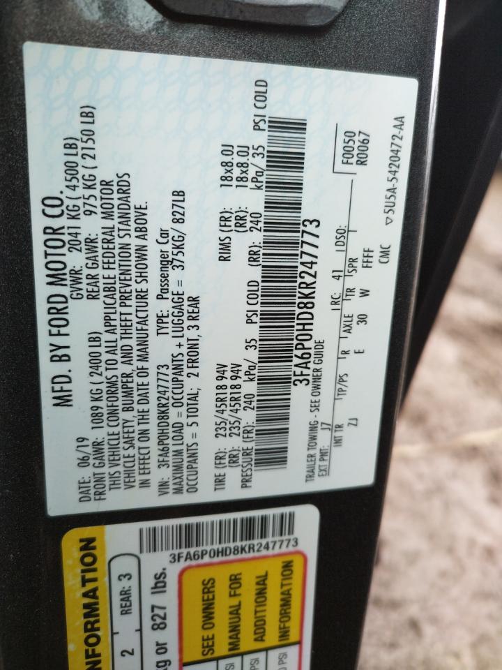 Photo 10 from auction – 2019 FORD FUSION SE with VIN 3FA6P0HD8KR247773