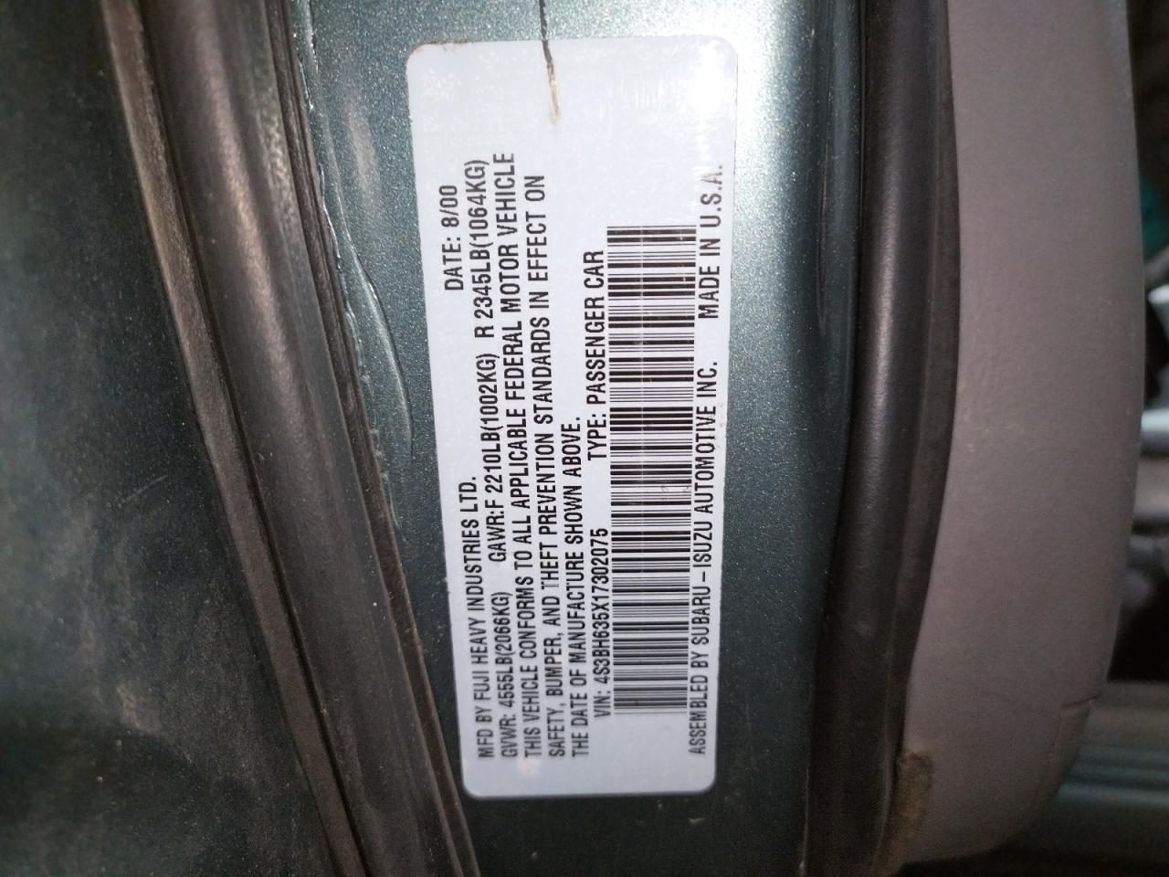 Photo 10 from auction – 2001 SUBARU LEGACY L with VIN 4S3BH635X17302075