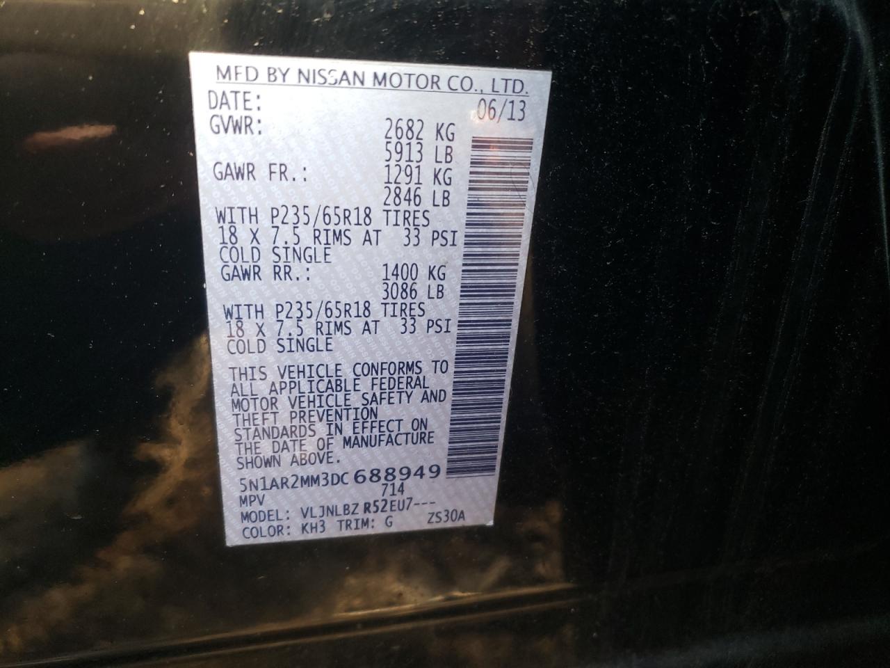 Photo 10 from auction – 2013 NISSAN PATHFINDER with VIN 5N1AR2MM3DC688949