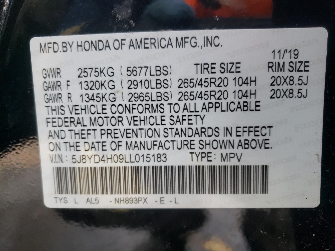 Photo 10 from auction – 2020 ACURA MDX A-SPEC with VIN 5J8YD4H09LL015183
