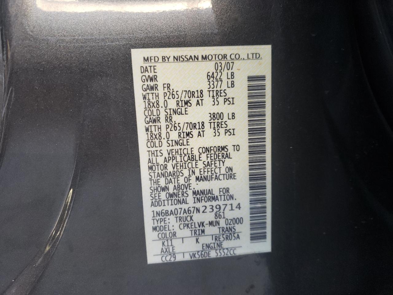 Photo 10 from auction – 2007 NISSAN TITAN XE with VIN 1N6BA07A67N239714