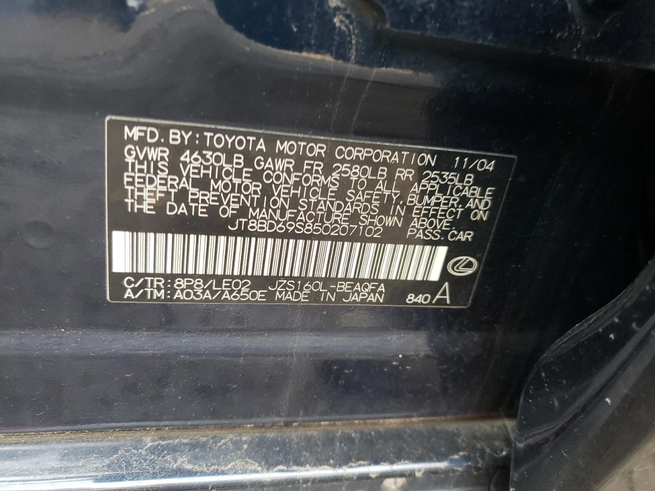 Photo 10 from auction – 2005 LEXUS GS 300 with VIN JT8BD69S850207102