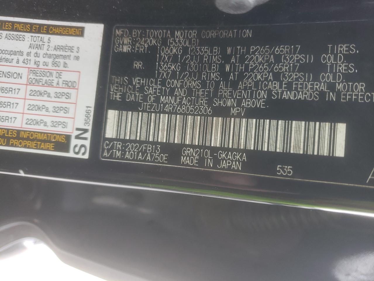 Photo 10 from auction – 2006 TOYOTA 4RUNNER SR with VIN JTEZU14R768052306