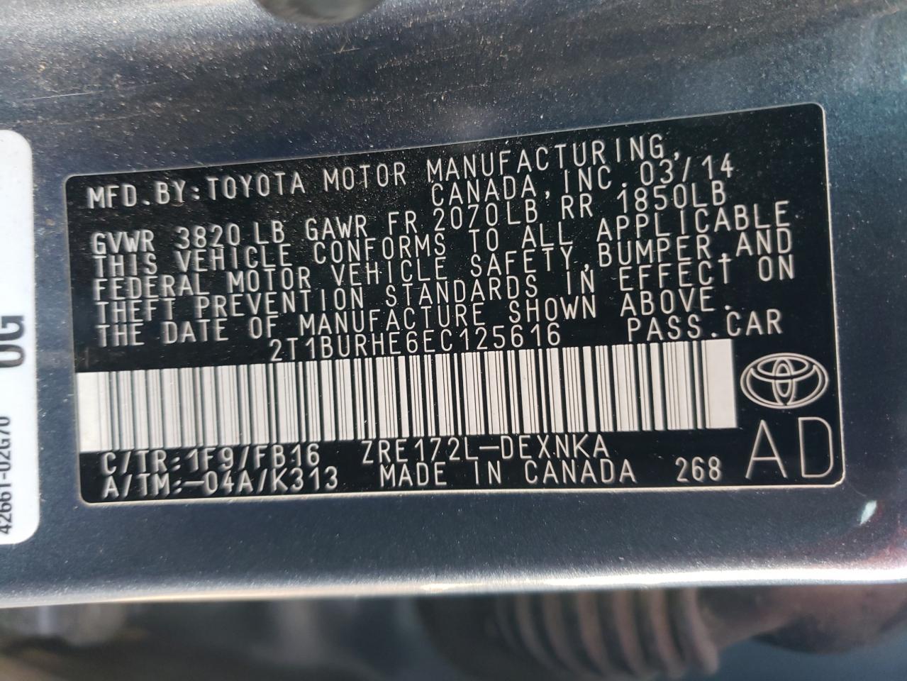 Photo 10 from auction – 2014 TOYOTA COROLLA L with VIN 2T1BURHE6EC125616