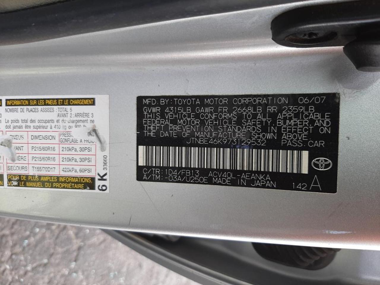 Photo 10 from auction – 2007 TOYOTA CAMRY CE with VIN JTNBE46K973129532