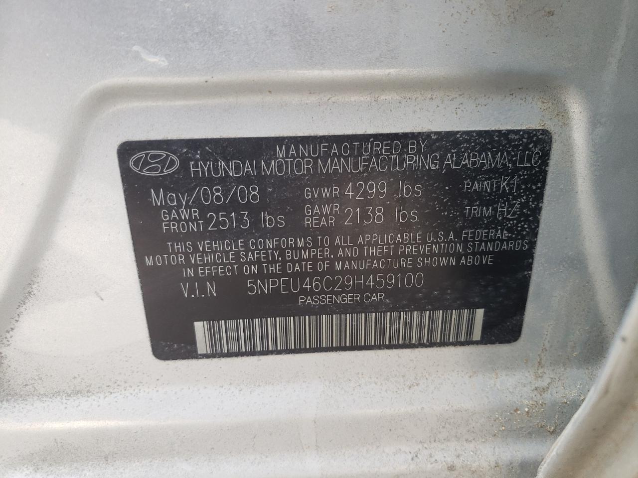 Photo 10 from auction – 2009 HYUNDAI SONATA SE with VIN 5NPEU46C29H459100