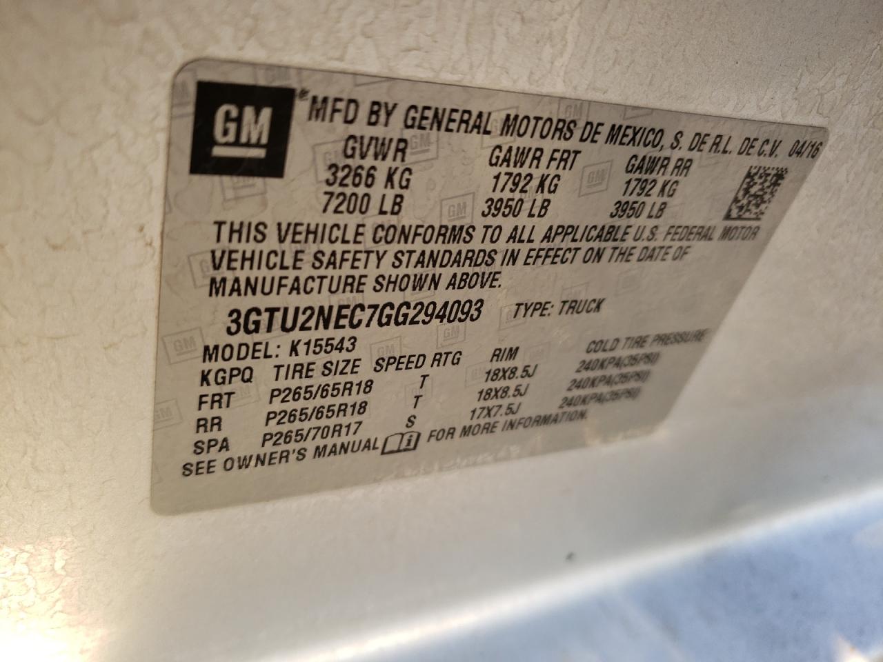 Photo 10 from auction – 2016 GMC SIERRA K15 with VIN 3GTU2NEC7GG294093