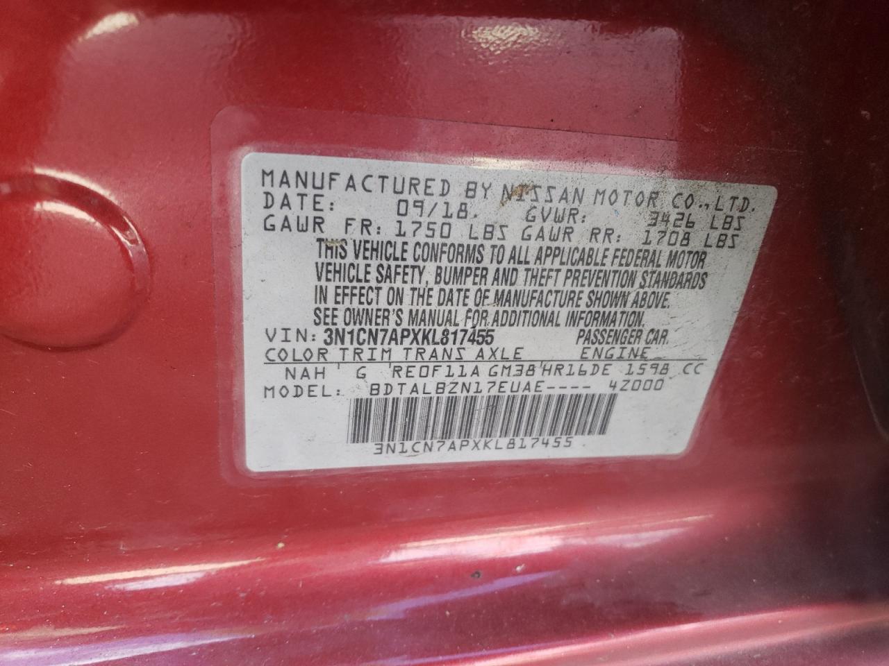 Photo 10 from auction – 2019 NISSAN VERSA S with VIN 3N1CN7APXKL817455