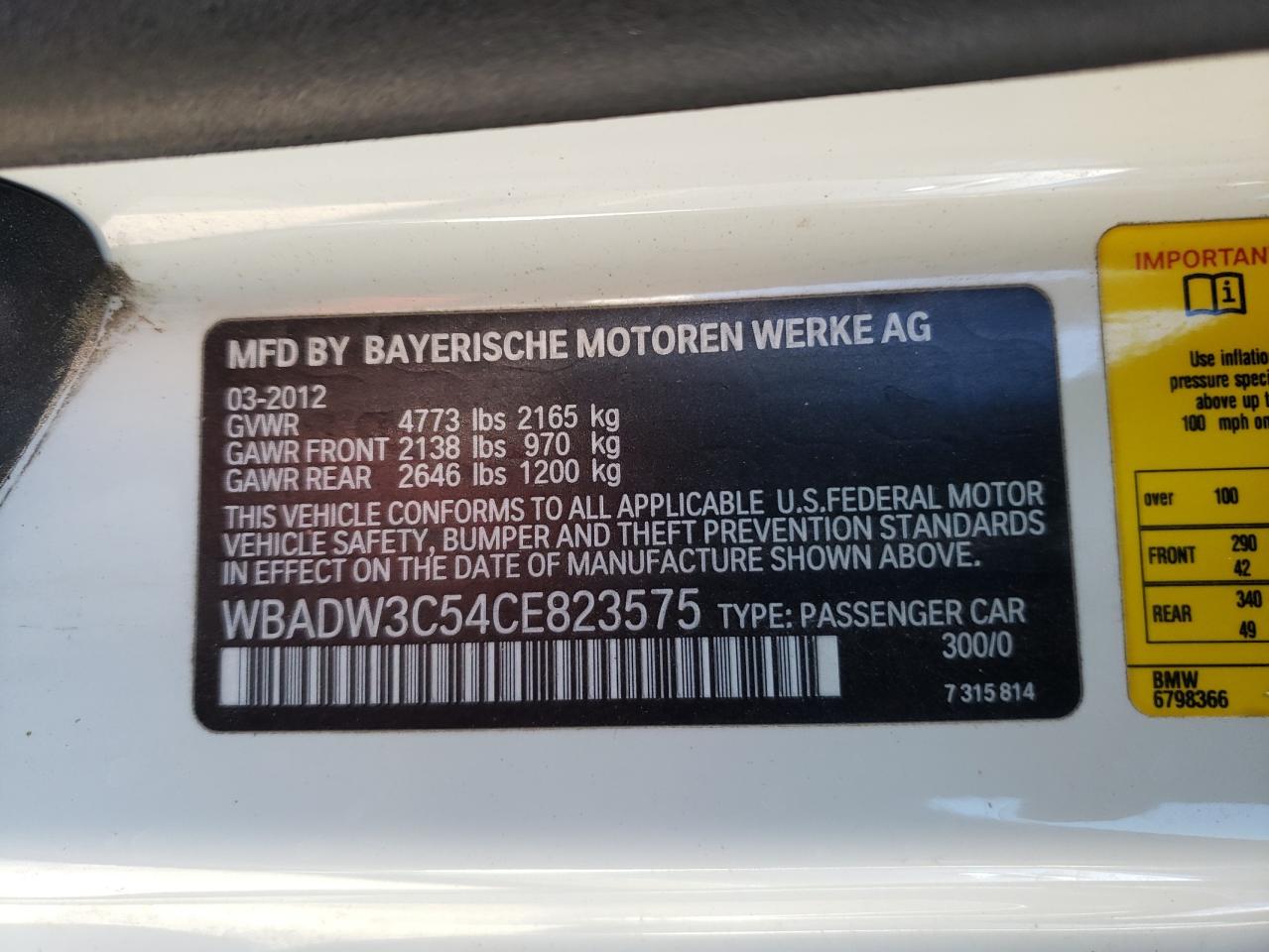 Photo 10 from auction – 2012 BMW 328 I with VIN WBADW3C54CE823575