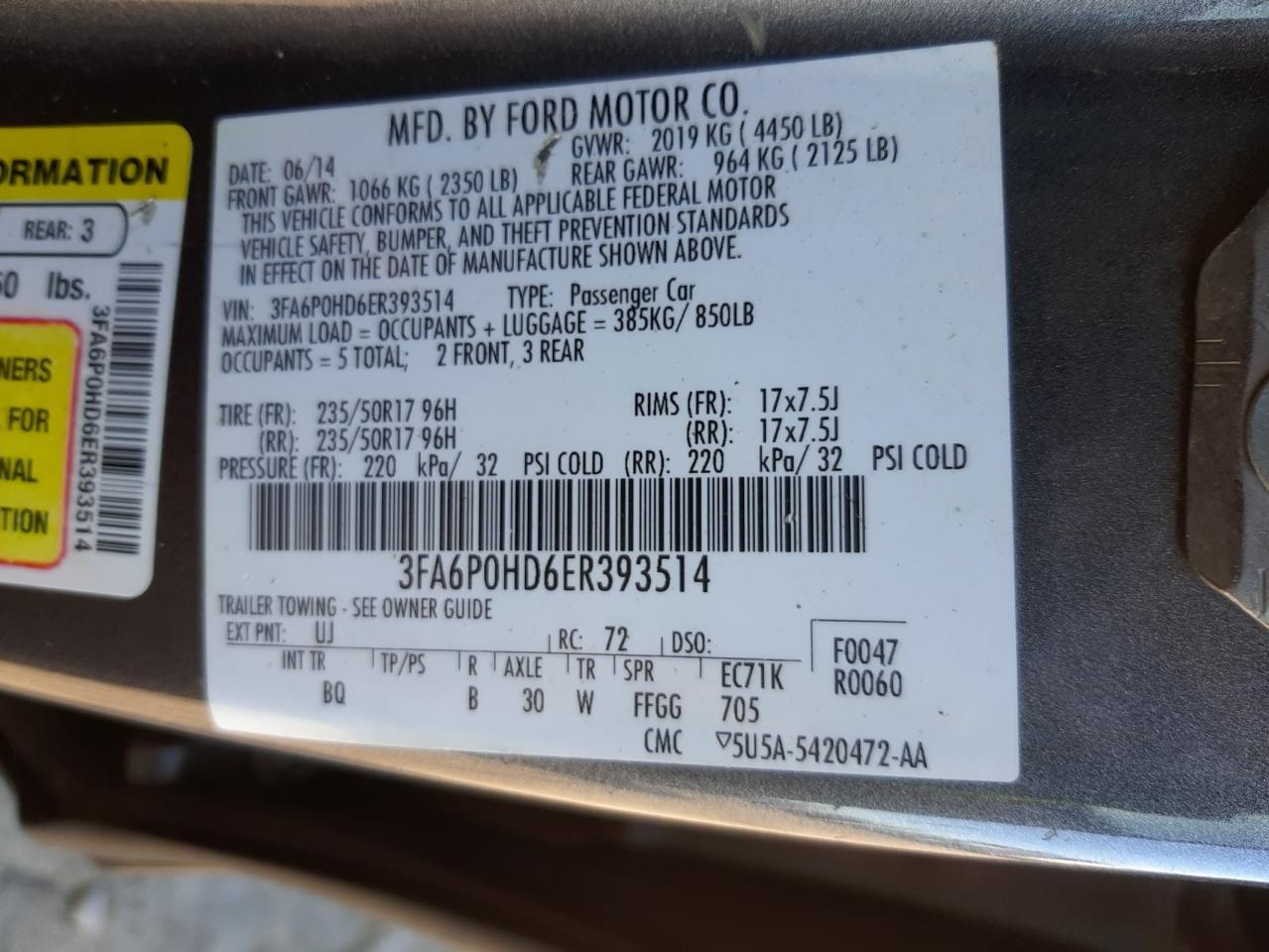Photo 10 from auction – 2014 FORD FUSION SE with VIN 3FA6P0HD6ER393514
