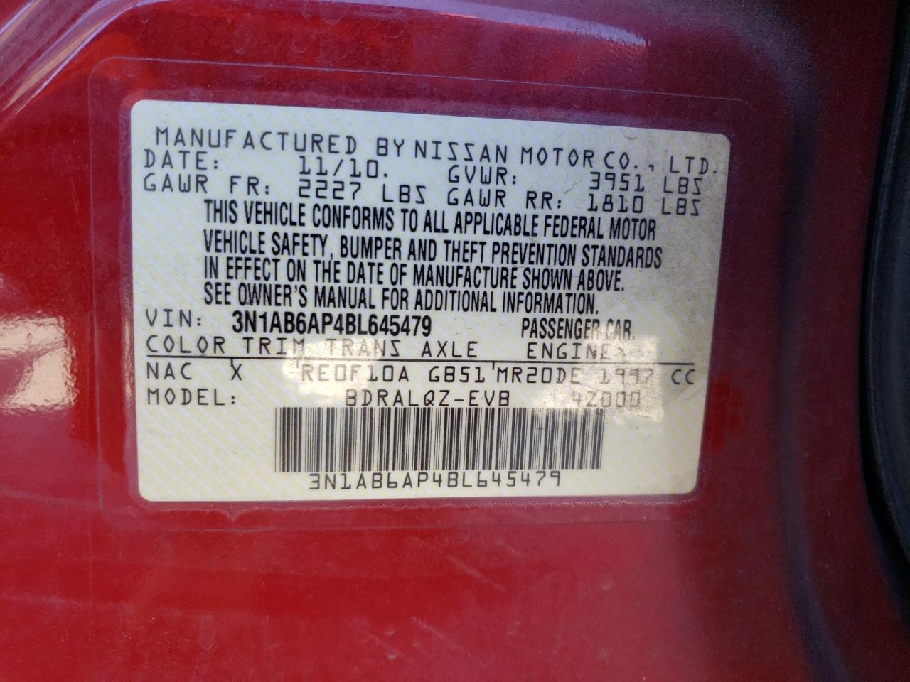 Photo 10 from auction – 2011 NISSAN SENTRA 2.0 with VIN 3N1AB6AP4BL645479