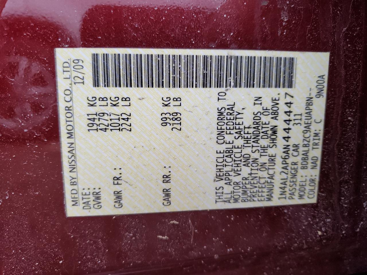 Photo 10 from auction – 2010 NISSAN ALTIMA BAS with VIN 1N4AL2AP6AN444447