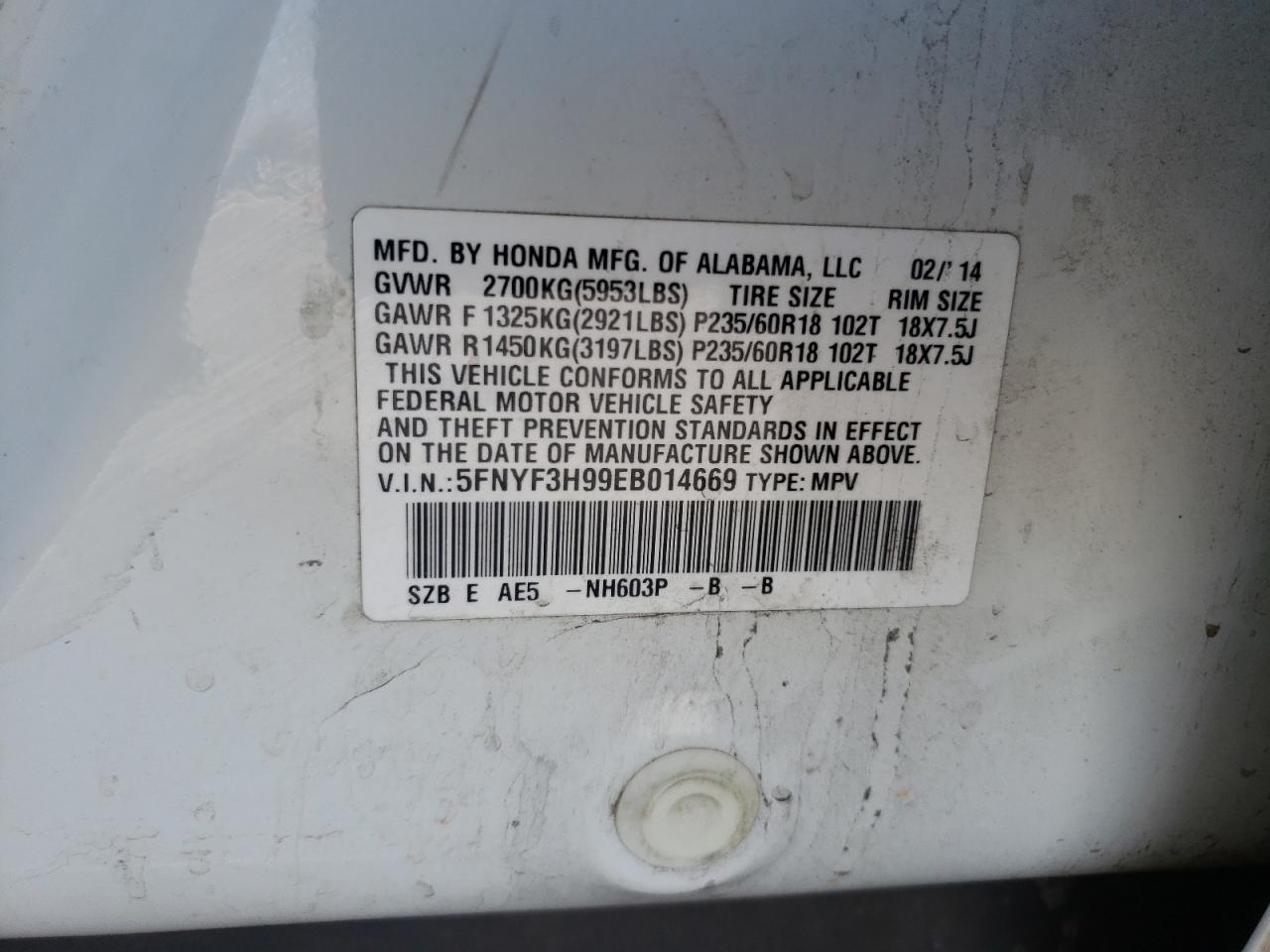Photo 10 from auction – 2014 HONDA PILOT TOUR with VIN 5FNYF3H99EB014669