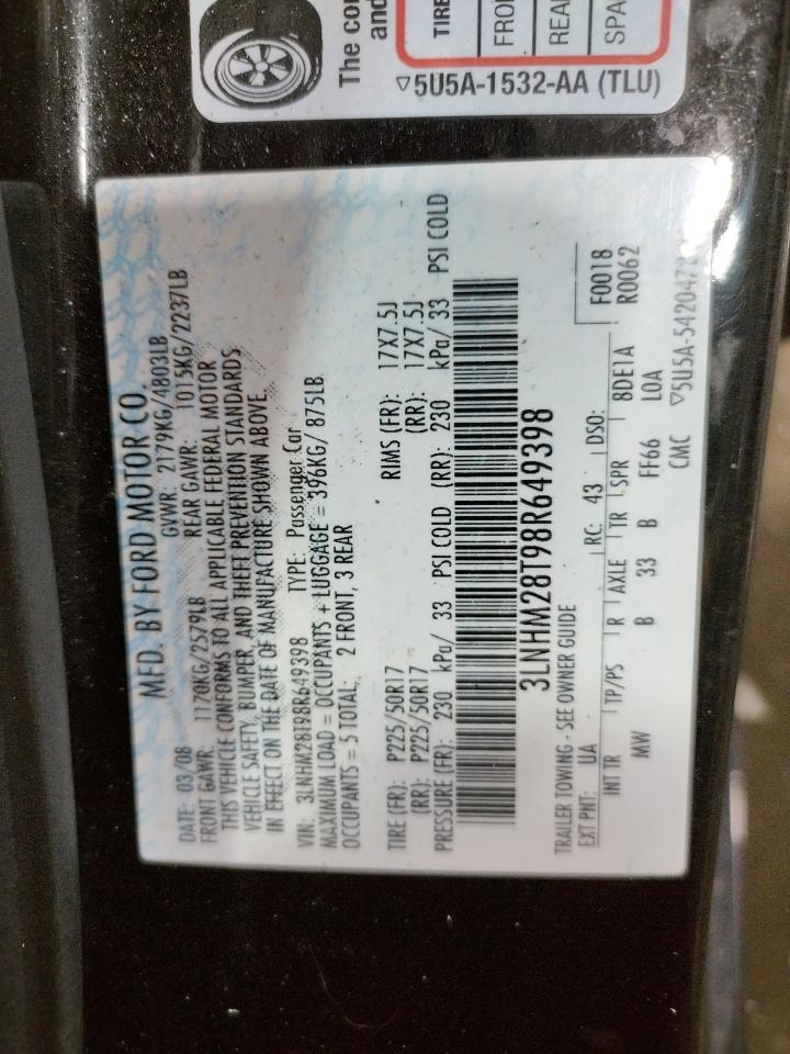 Photo 10 from auction – 2008 LINCOLN MKZ with VIN 3LNHM28T98R649398
