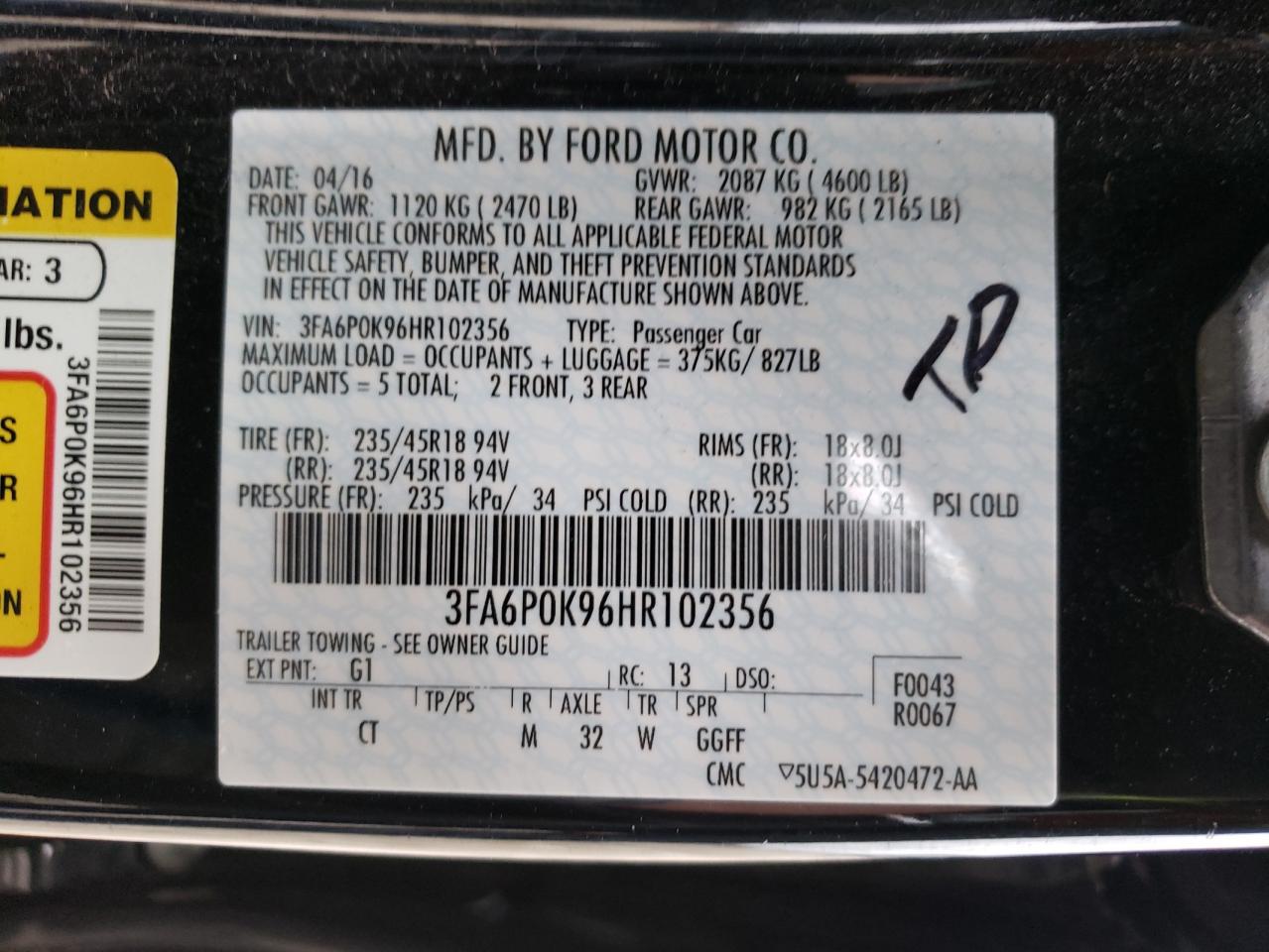 Photo 10 from auction – 2017 FORD FUSION TIT with VIN 3FA6P0K96HR102356