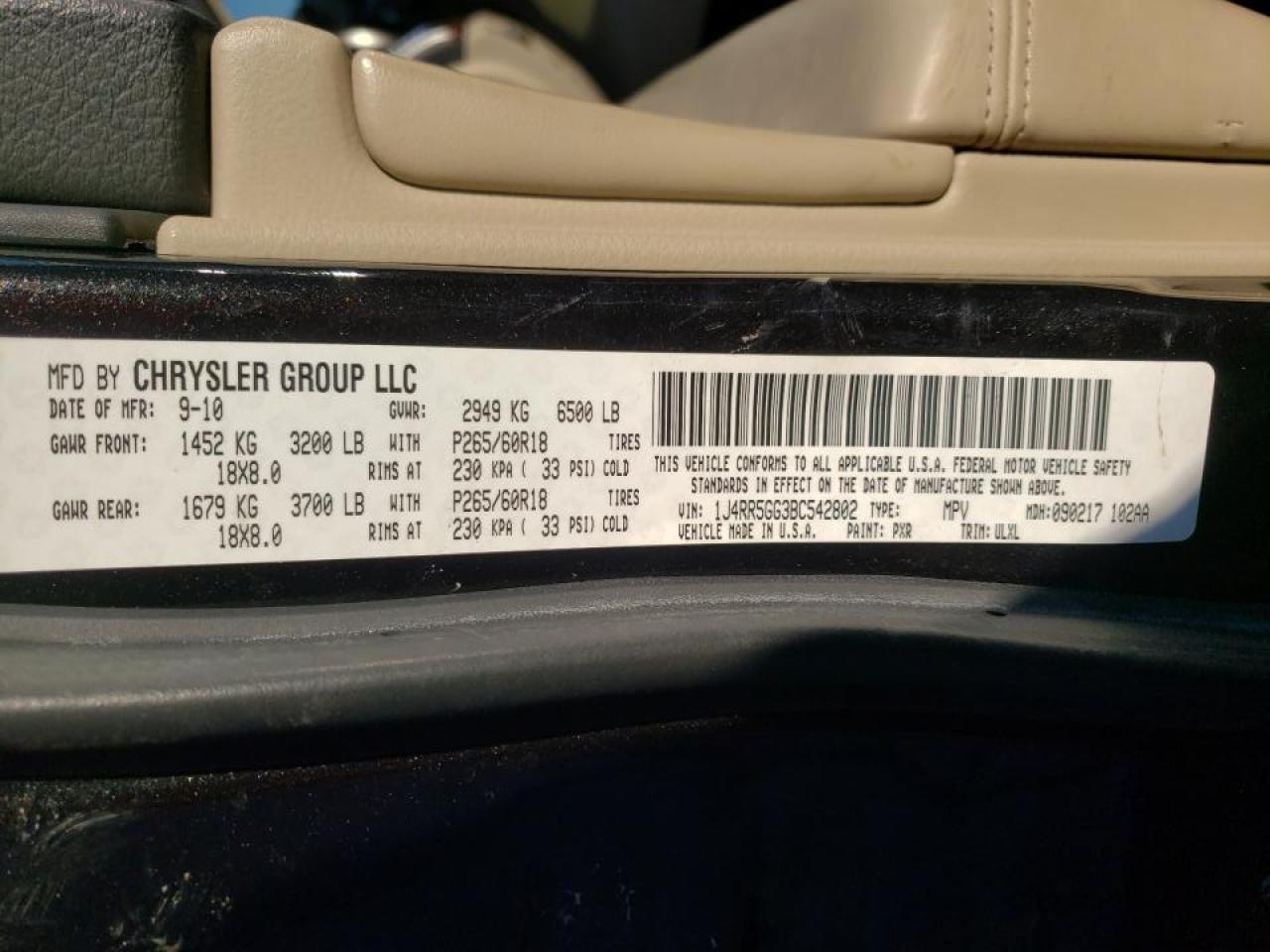 Photo 10 from auction – 2011 JEEP GRAND CHER with VIN 1J4RR5GG3BC542802